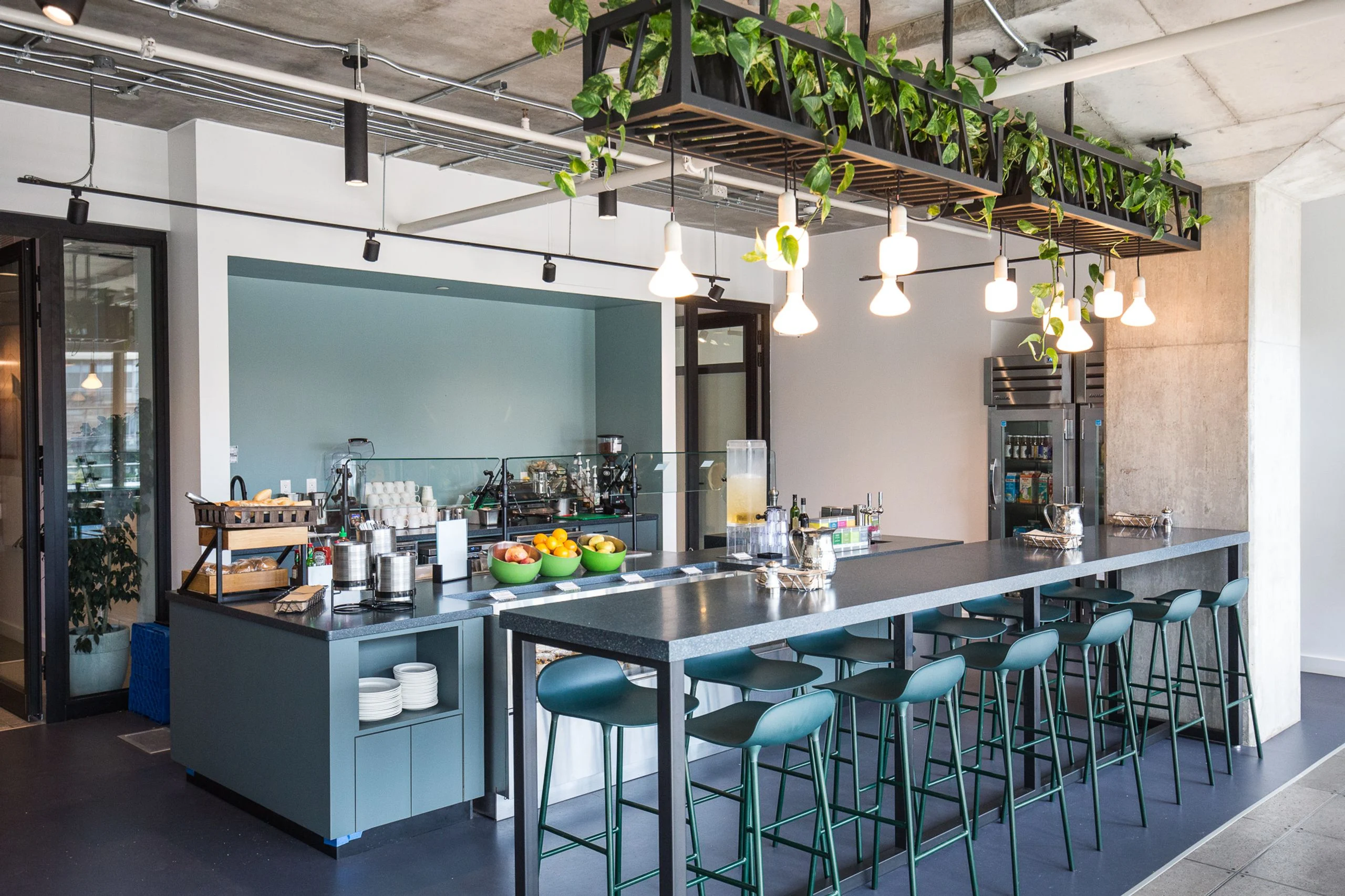 Social kitchen and coffee bar with hanging plants and teal bar stools