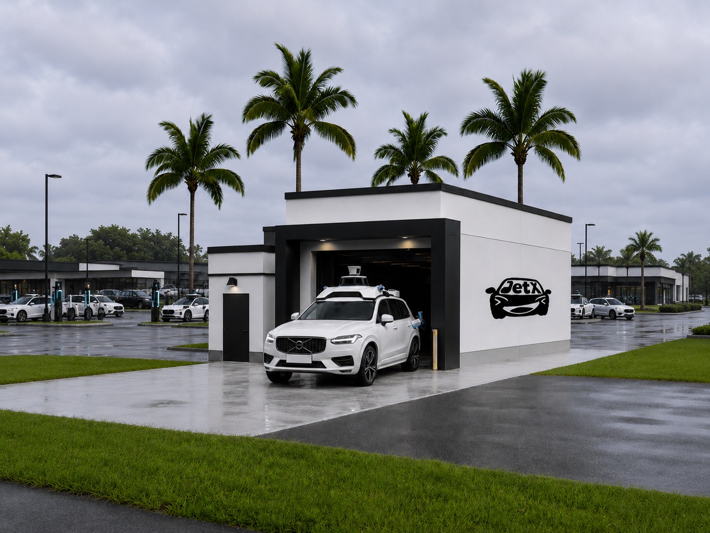 A JetX robotaxi-wash depot — a white autonomous Volvo at a black-and-white wash building with the JetX logo, a fleet of robotaxis behind, palm trees and wet pavement